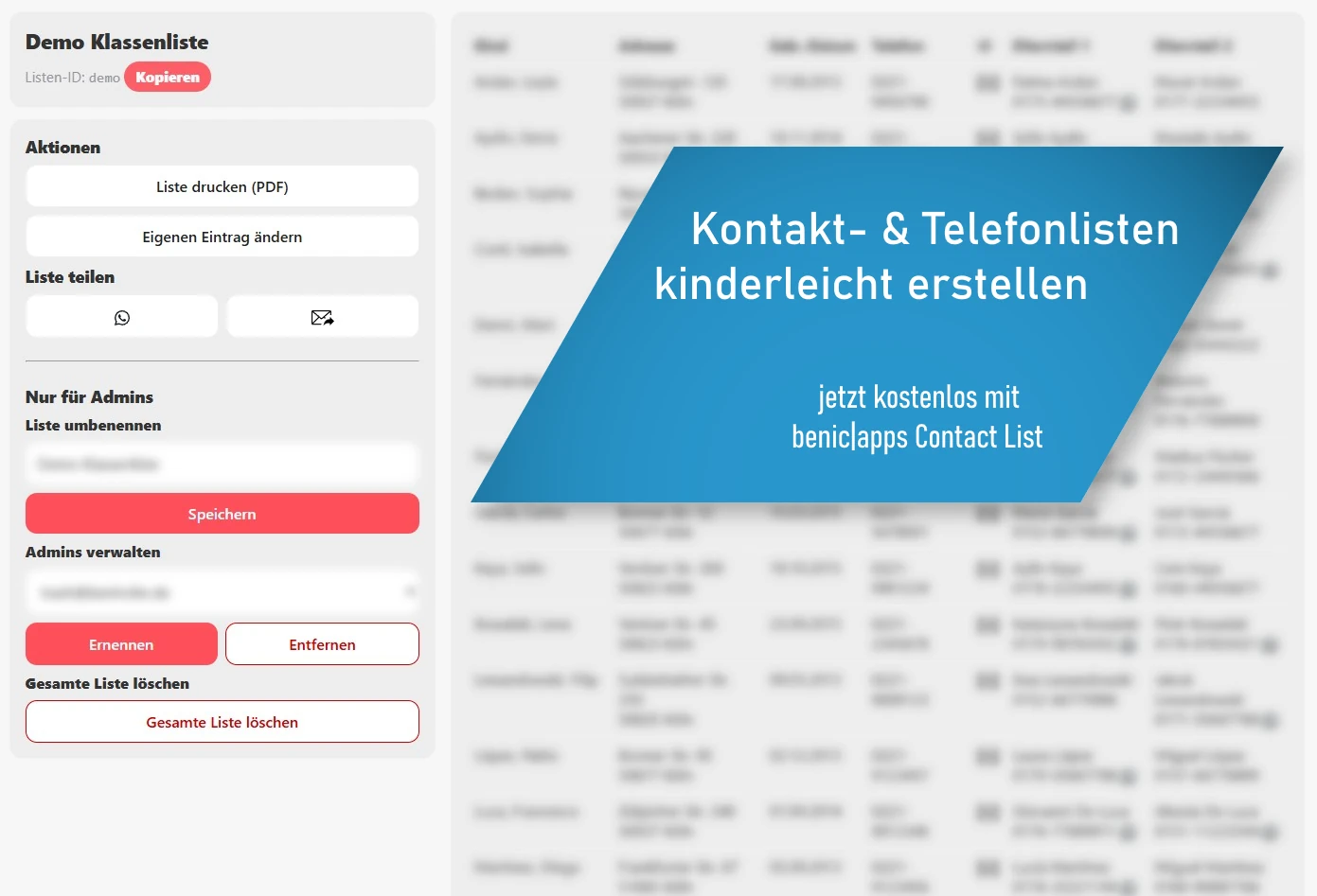 benic|apps Contact List – Demo-Screenshot der Kontaktlisten-Ansicht